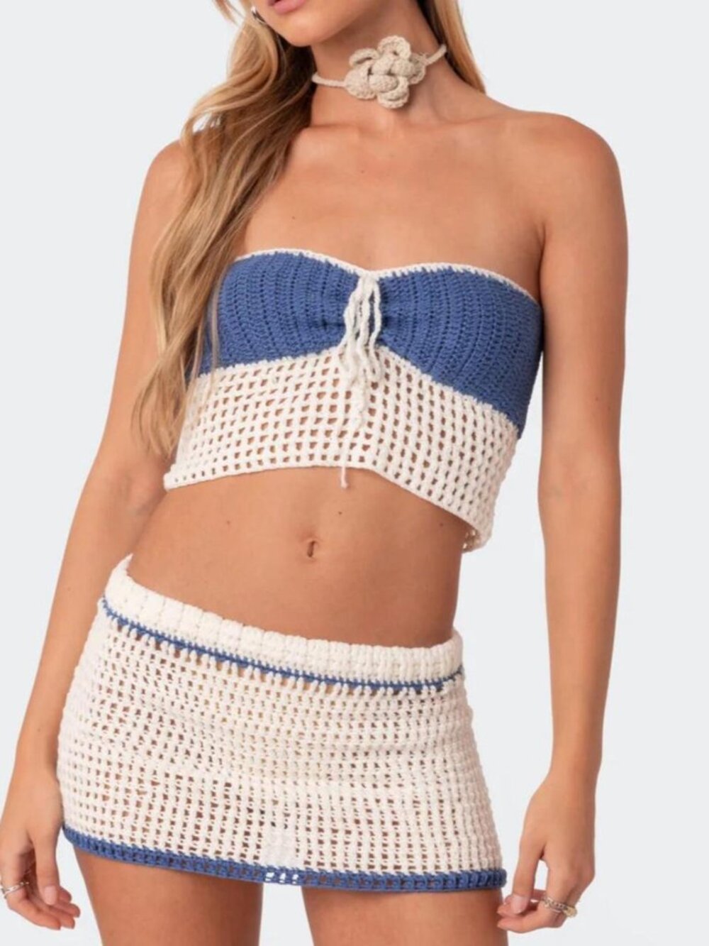 Edikted Crochet Skirt Set - Blue/White